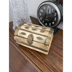 Vintage Hand Carved Trinket Box With Brass Accents